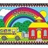 A school bus and rainbow with the word welcome written in front of it.
