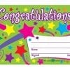 A congratulations sign with stars and swirls on it.