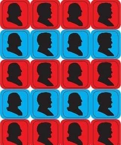 A pattern of red and blue squares with silhouettes of president trump.