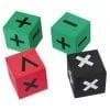 A set of four dice with different symbols on each side.