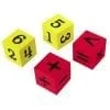 A set of four dice with numbers and symbols.