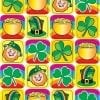 A pattern of leprechaun and shamrock images.