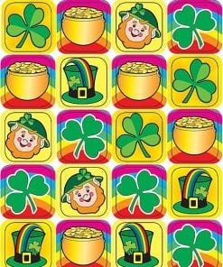 A pattern of leprechaun and shamrock images.