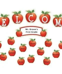 A welcome sign with apples and names of students.