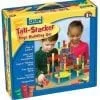 A box of toys for kids with a boy and girl playing.