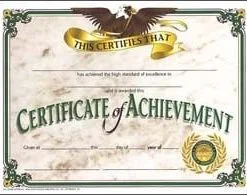 A certificate of achievement with an eagle on it.