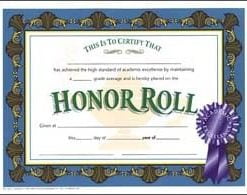 A certificate of honor is shown with a ribbon.