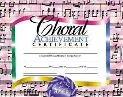 A certificate of achievement for a choir