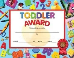 A toddler award with toys around it