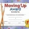 A moving up award certificate with pencils and stars.