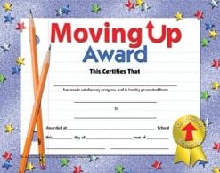 A moving up award certificate with pencils and stars.