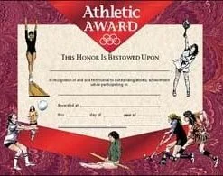 A certificate of athletic award with various sports on it.
