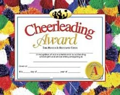 A cheerleading award certificate with an umbrella background.