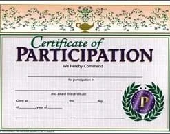 A certificate of participation with the letter p on it.