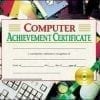 A computer achievement certificate is shown on top of some books.