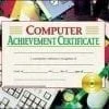 A computer achievement certificate is shown on top of some books.