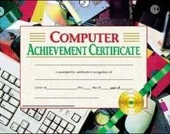 A computer achievement certificate is shown on top of some books.