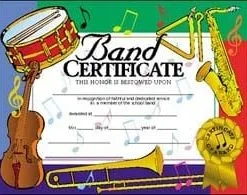 A band certificate with instruments and music notes.