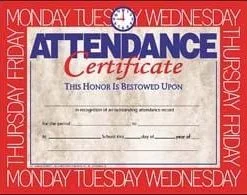 A red and white certificate with the words " attendance certificate ".