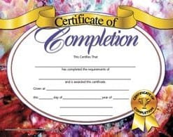 A certificate of completion with a ribbon around it.
