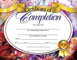 A certificate of completion with a ribbon around it.