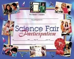 A science fair participation certificate with pictures of people.