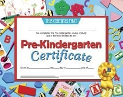 A pre-kindergarten certificate with many toys around it.