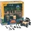 A toy action figure set with the Off Road Research and Rescue Eco Expedition jeep and a jeep.