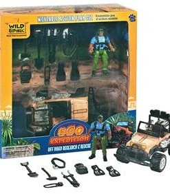 A toy action figure set with the Off Road Research and Rescue Eco Expedition jeep and a jeep.