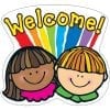 A colorful welcome sign with two children