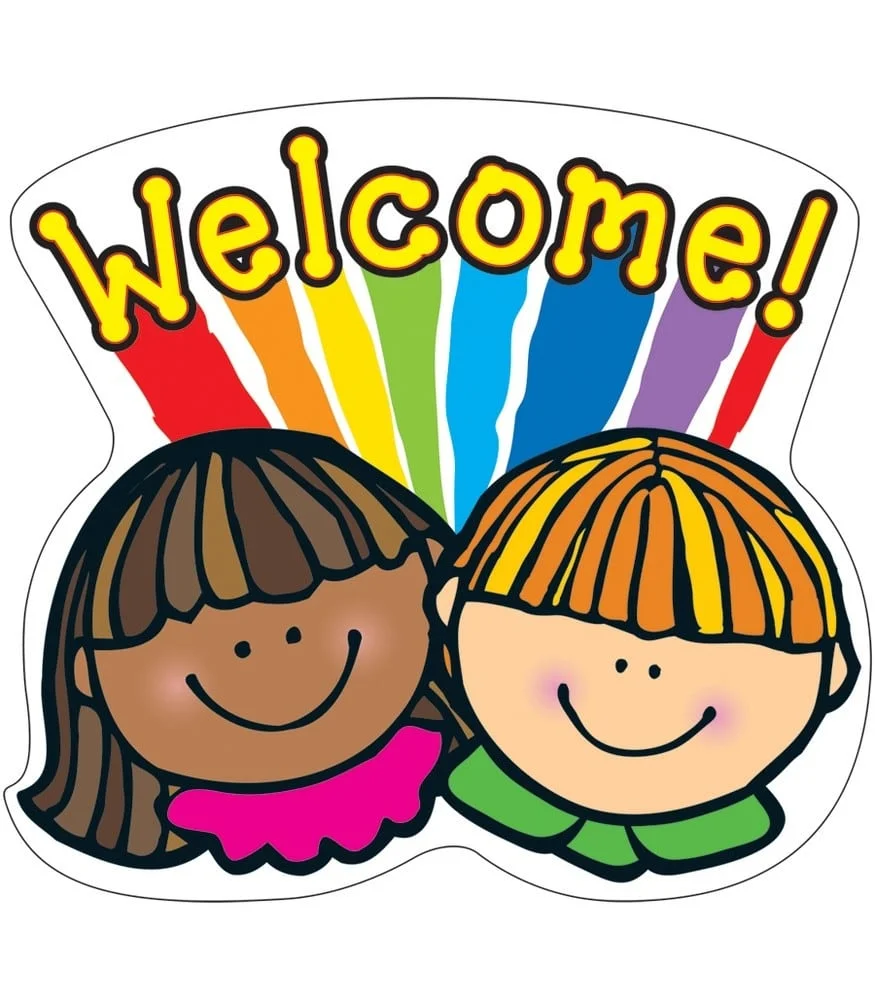 A colorful welcome sign with two children