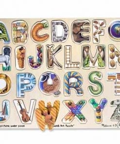 A wooden puzzle with letters and numbers on it.