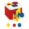 A red and white box with various shapes inside of it.