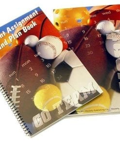 A pair of books with pictures of baseball and tennis.