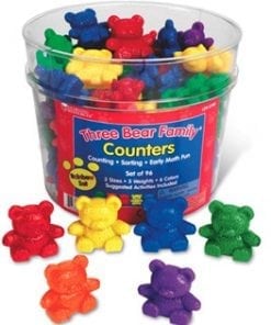 A tub of counters with colorful bears in them.