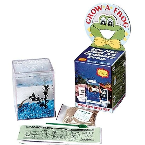 A frog themed kit with a small aquarium and a sticker.