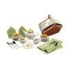 A tea set with a basket and utensils.