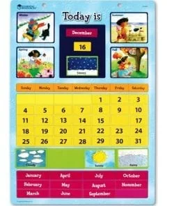 A calendar with pictures of children and the days.