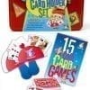A red card holder set with cards and games.
