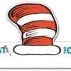 A red and white hat with the words " cat in the hat ".
