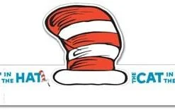 A red and white hat with the words " cat in the hat ".