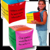 A girl is holding onto a cube with the words " where would i be more information "? written on it.