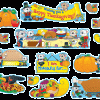 A collection of thanksgiving decorations with turkeys, pumpkins and more.