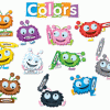 A bunch of different colored monsters are in front of the word colors.