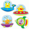 A set of four stickers with different cartoon characters.