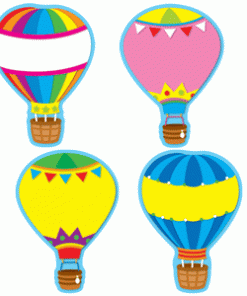 A set of four hot air balloons with banners.