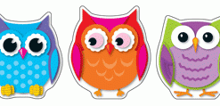 A group of three owls with different colors.