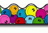A row of colorful smiley faces in front of a white background.