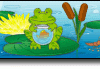 A frog sitting on top of a leaf in front of water.