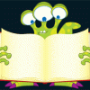 A cartoon of an alien reading a book.